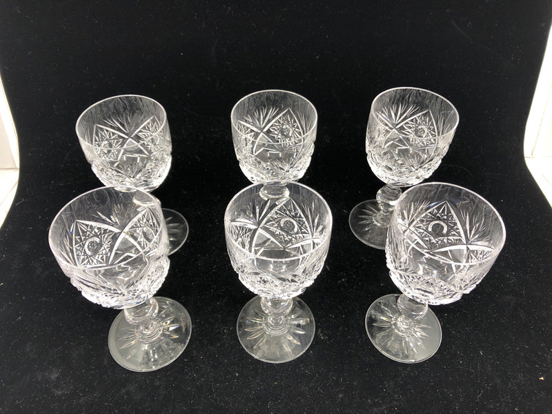 6 CUT GLASS WINE GLASSES.