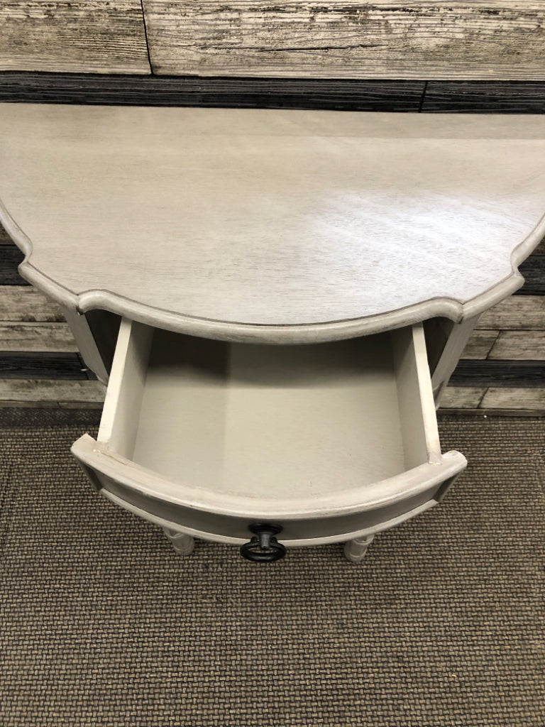GRAY HALF MOON END TABLE W/DRAWER.