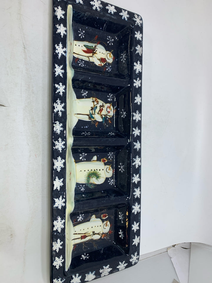BLACK 4 DIVIDED TRAY W/ PRIMITIVE SNOWMAN.
