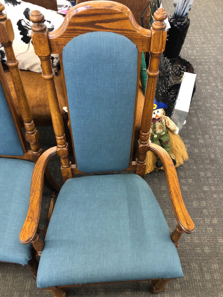 4 DARK WOOD-BLUE UPHOLSTERED DEPRESSION ERA DINING CHAIRS 2 WITH ARM, 2 WITHOUT.