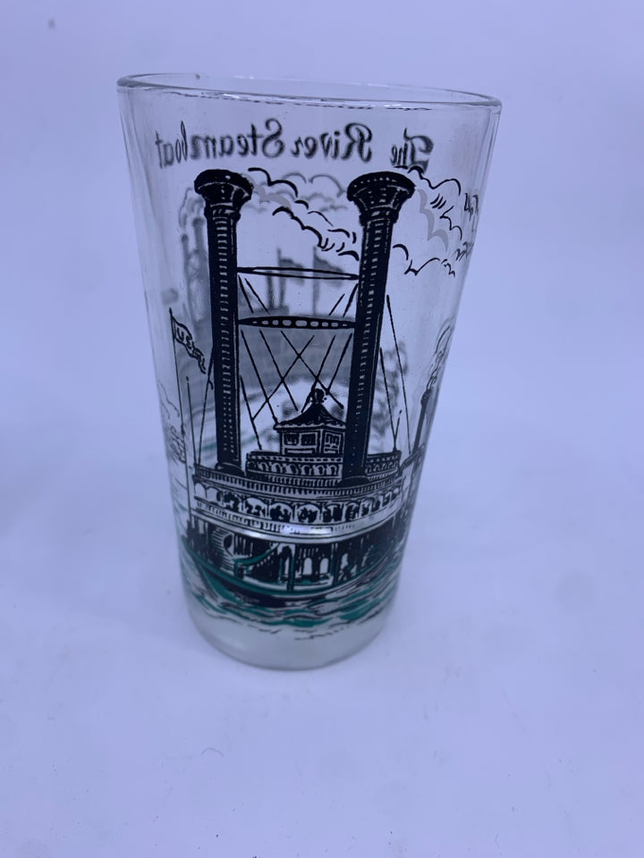 6 VTG TUMBLER GLASSES W SCENES IN GOLD METAL CARRIER.