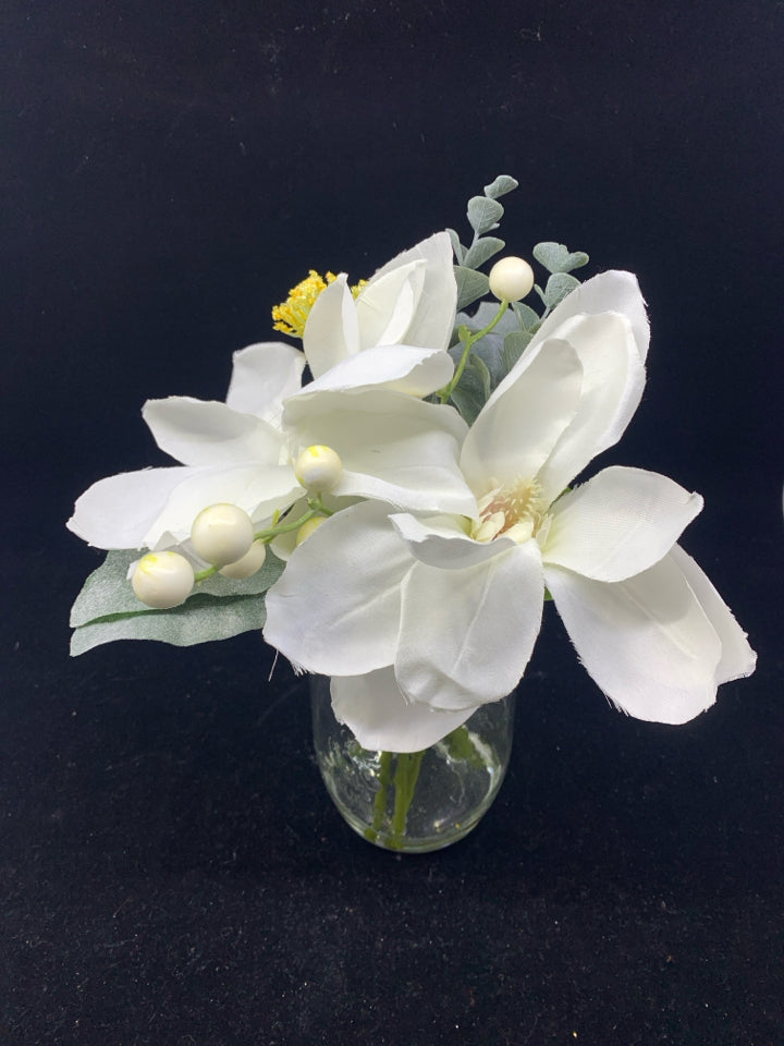 MASON JAR W/2 FAUX WHITE FLOWERS IN FAUX WATER.