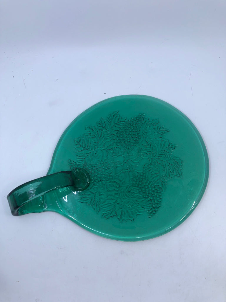 GREEN PRESSED GLASS SERVER W HANDLE.