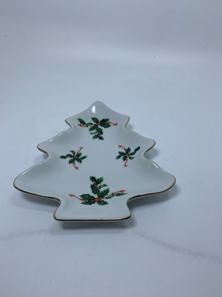 LEFTON SMALL WHITE CHRISTMAS TREE TRINKET DISH W/ HOLLY.