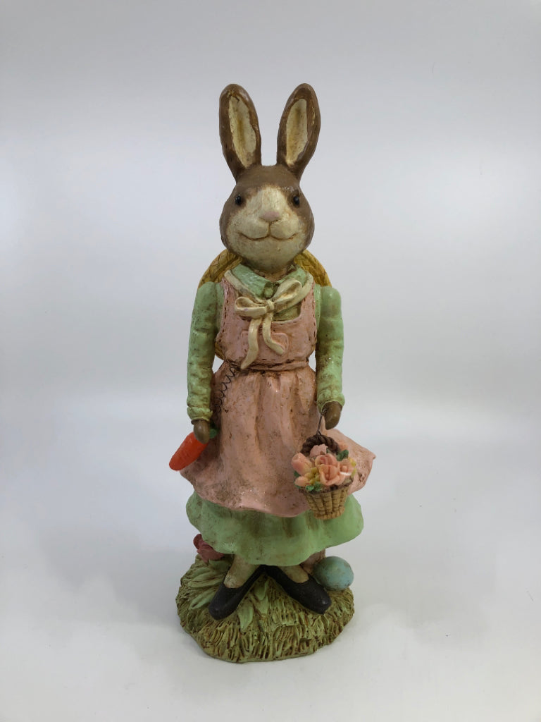 MRS EASTER BUNNY HOLDING FLOWER BASKET FIGURINE.