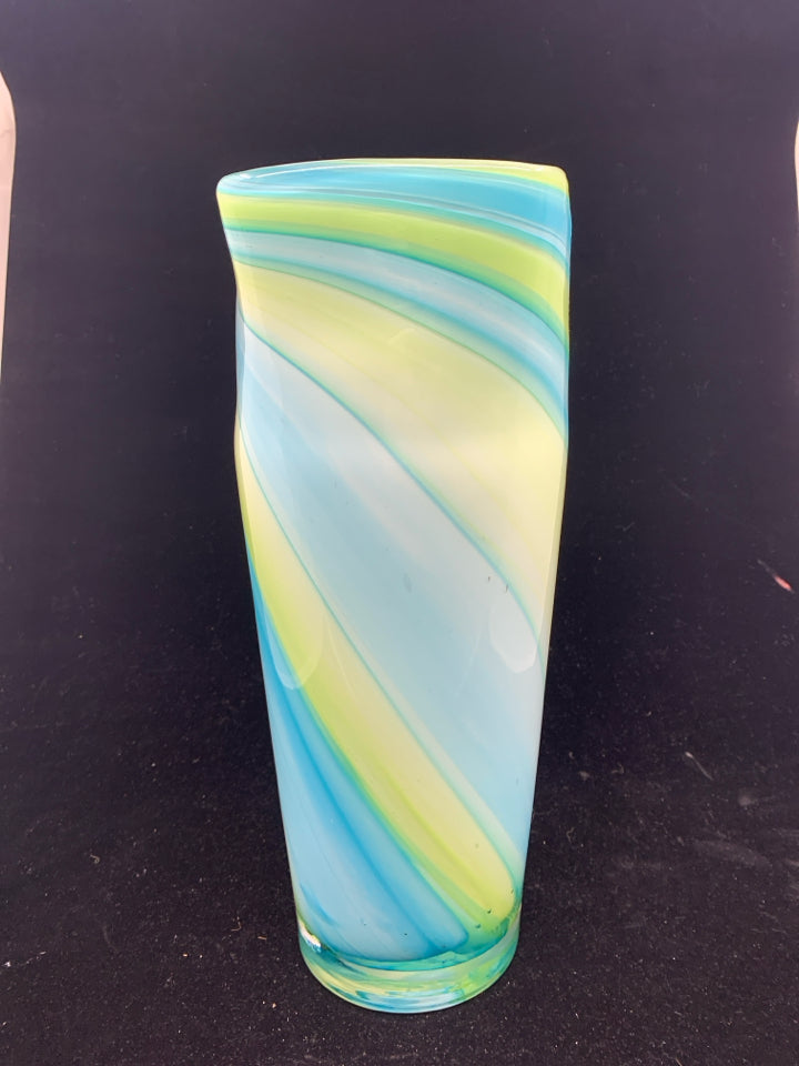 BLUE, YELLOW, GREEN SWIRL GLASS VASE.