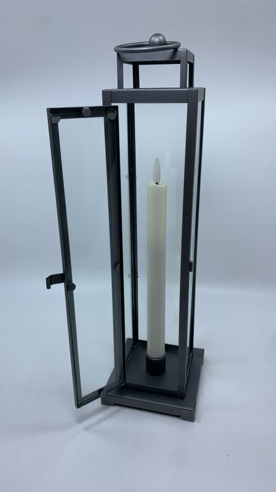 GREY METAL LAMP W/FAUX CANDLE.