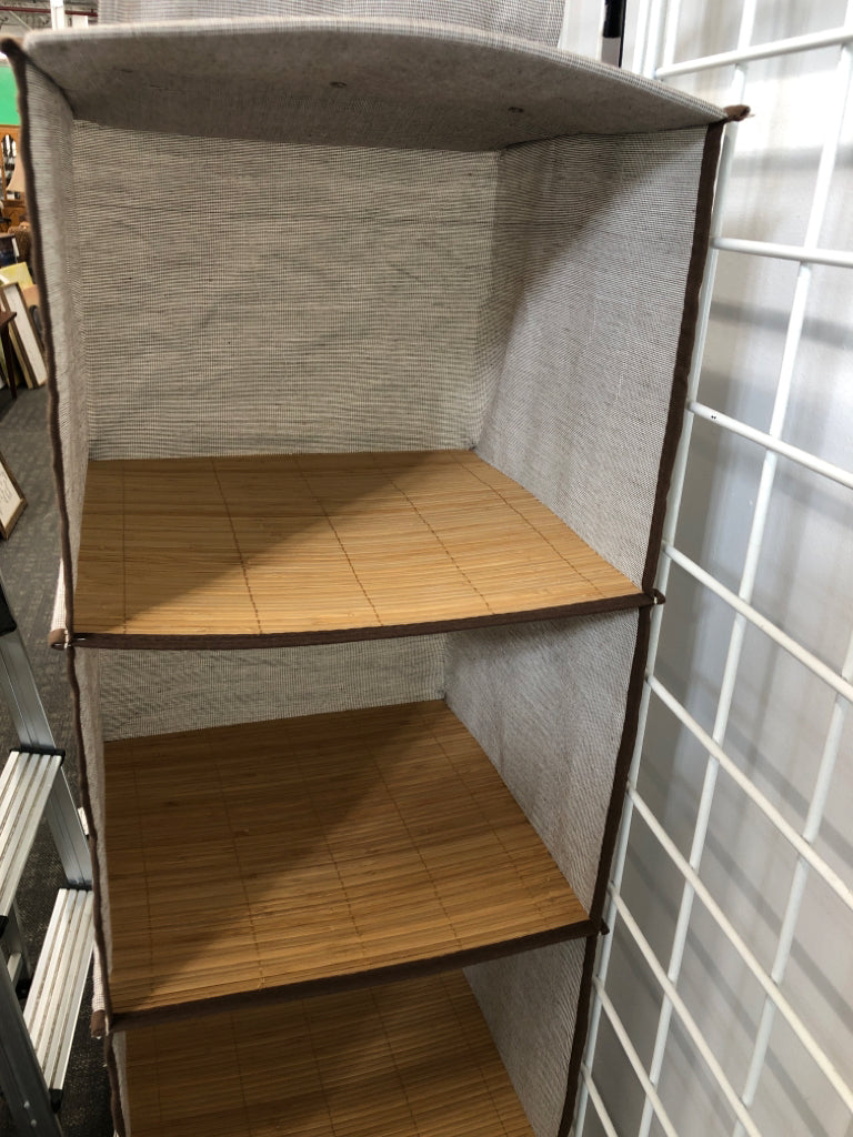 GRAY FABRIC CLOSET ORGANIZER W/BAMBOO DIVIDERS.