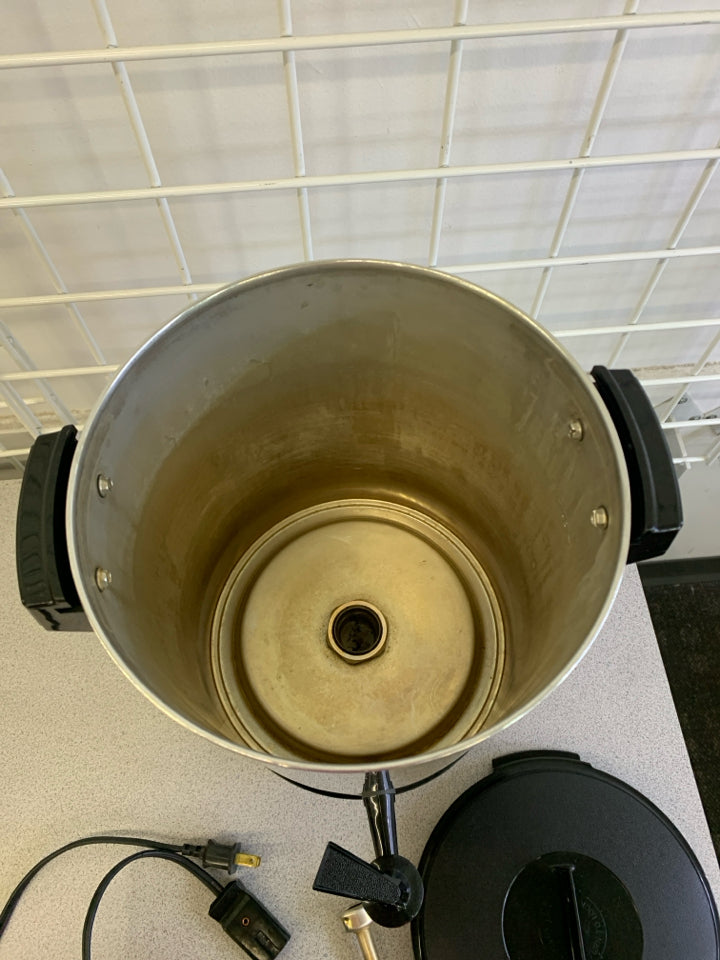 LARGE URN METAL AND BLACK COFFEE MAKER.