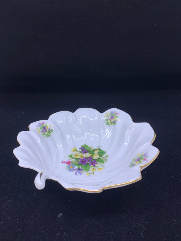 LEAF SHAPED BOWL WITH FLORAL AND GOLD RIM.