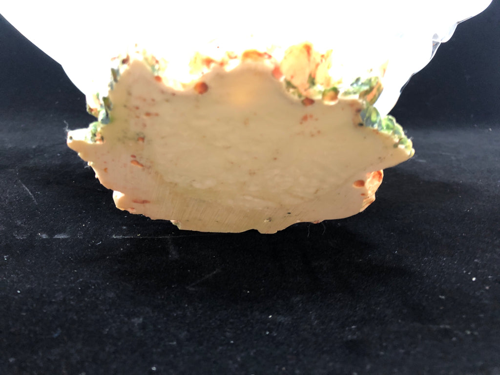 RUFFLED OPALESCENT BOWL W/RESIN ROSE BASE.