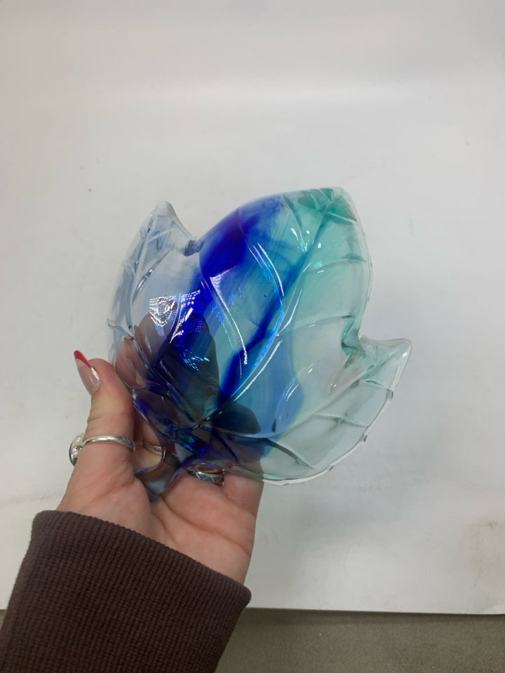 GREEN/BLUE GLASS MAPLE LEAF SHAPED BOWL.