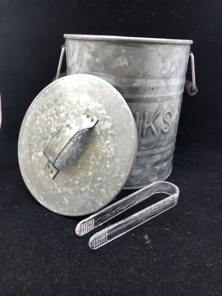 "DRINKS" METAL BUCKET W ICE TONGS.