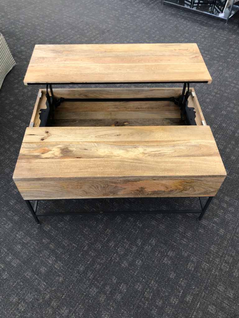 RECLAIMED WOOD COFFEE TABLE W/LIFT TOP, BLACK METAL BASE.