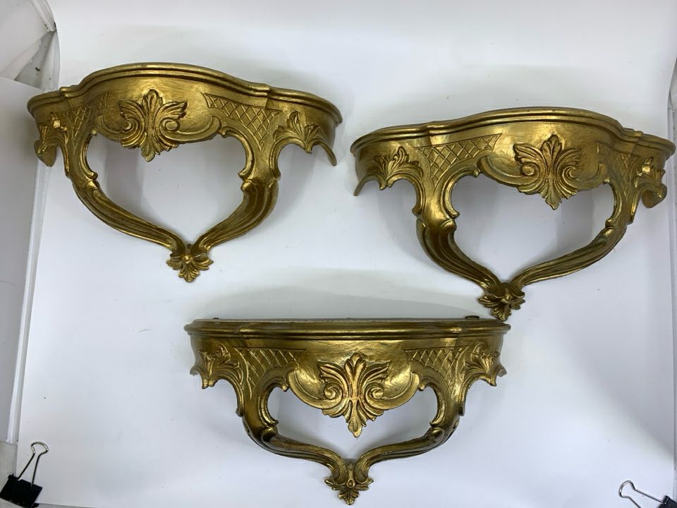 3 VTG GOLD PLASTIC WALL SHELVES MADE IN ITALY.