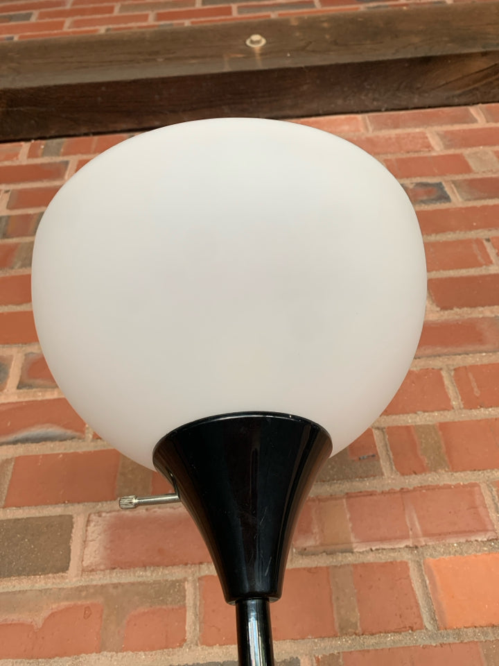 TALL BLACK LAMP W/FROSTED SHADE.