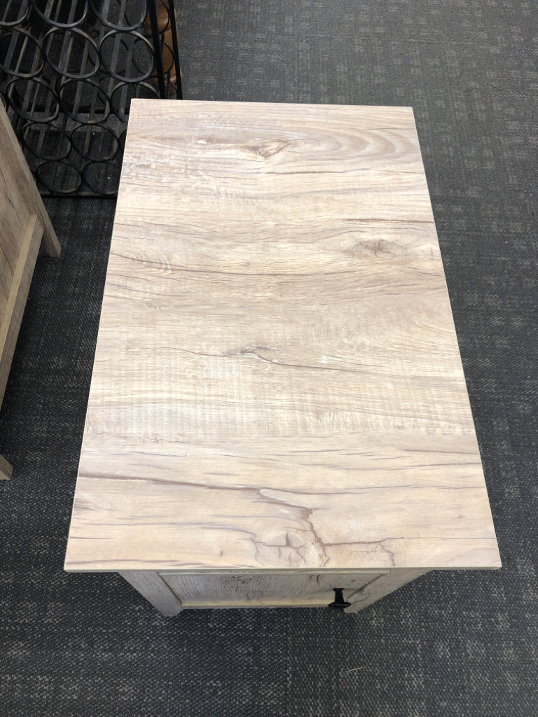 LIGHT WOOD END TABLE W/ CUBBY AND STORAGE.