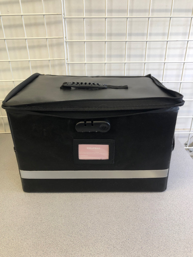BLACK FILE BOX WITH ZIPPER AND COMBINATION LOCK.