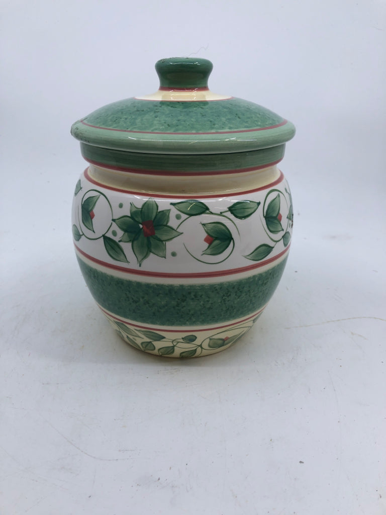 GREEN IVY COOKIE JAR WITH LID.