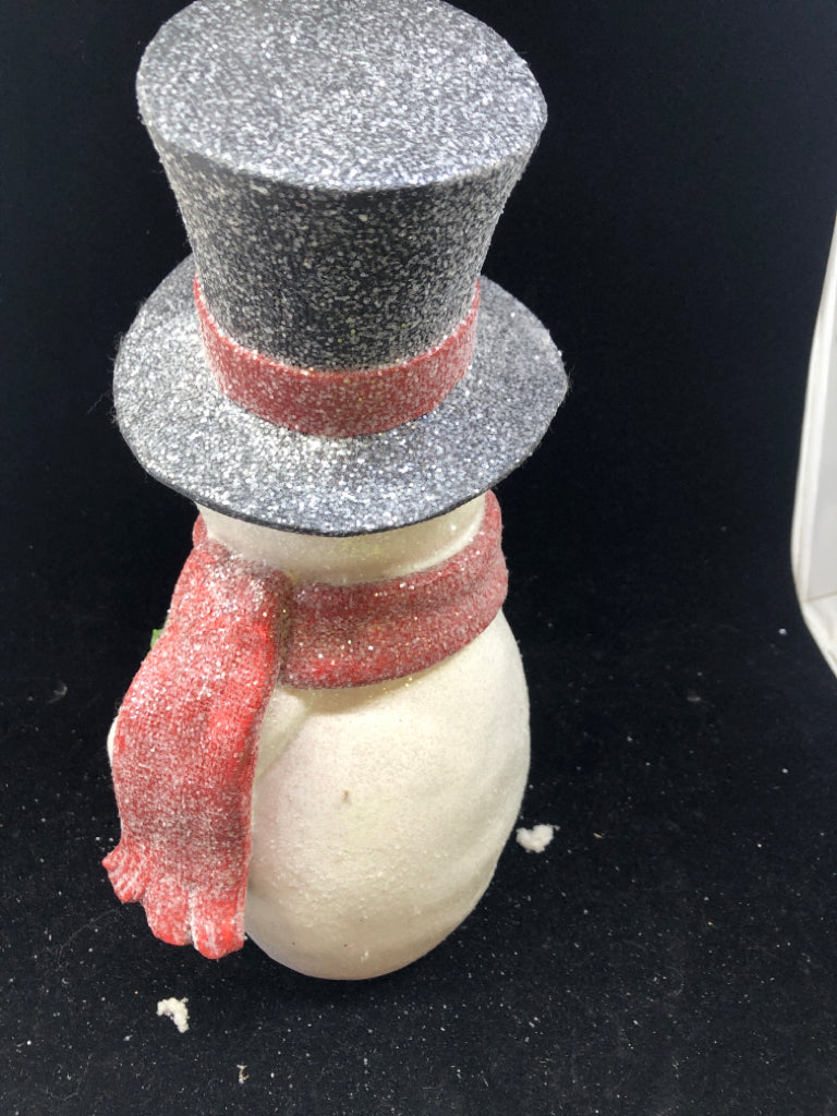 CERAMIC GLITTER SNOWMAN HOLDING WREATH.