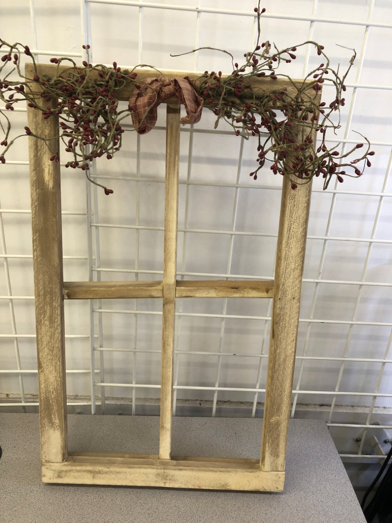 WINDOW FRAME DECOR WHITE WASHED W/FLORAL BUDS & RED BOW.