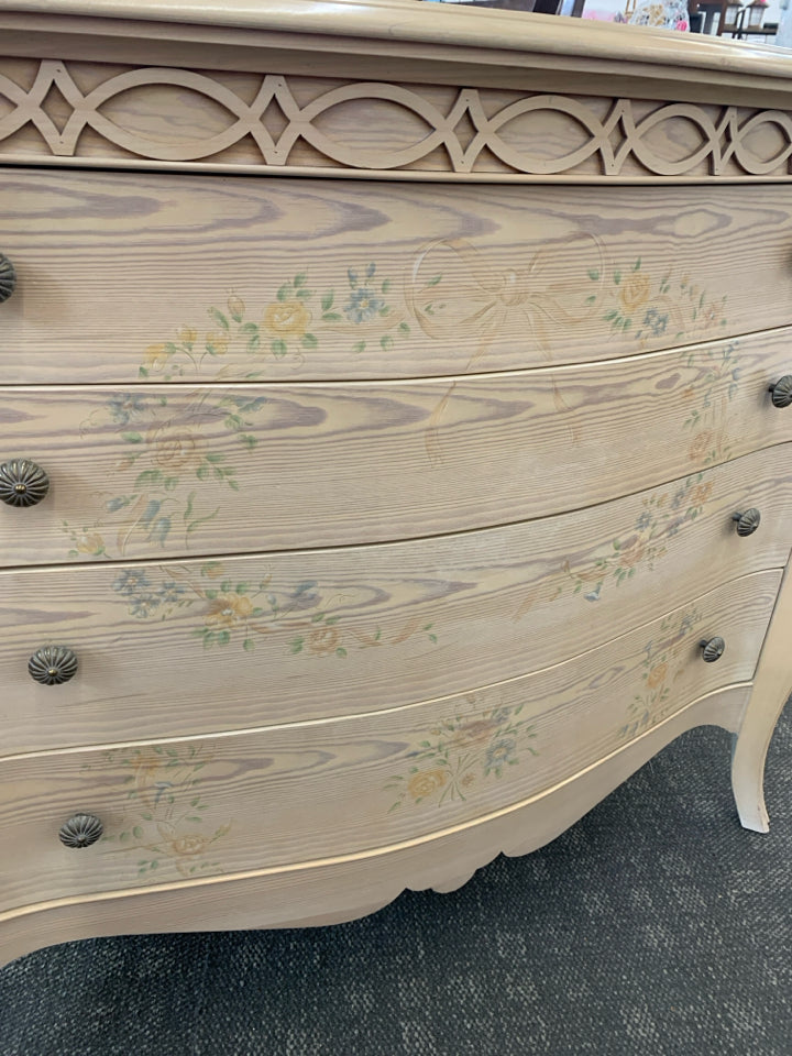 VTG PALE BLONDE DRESSER W 4 DRAWERS AND FLORAL -LEXINGTON.