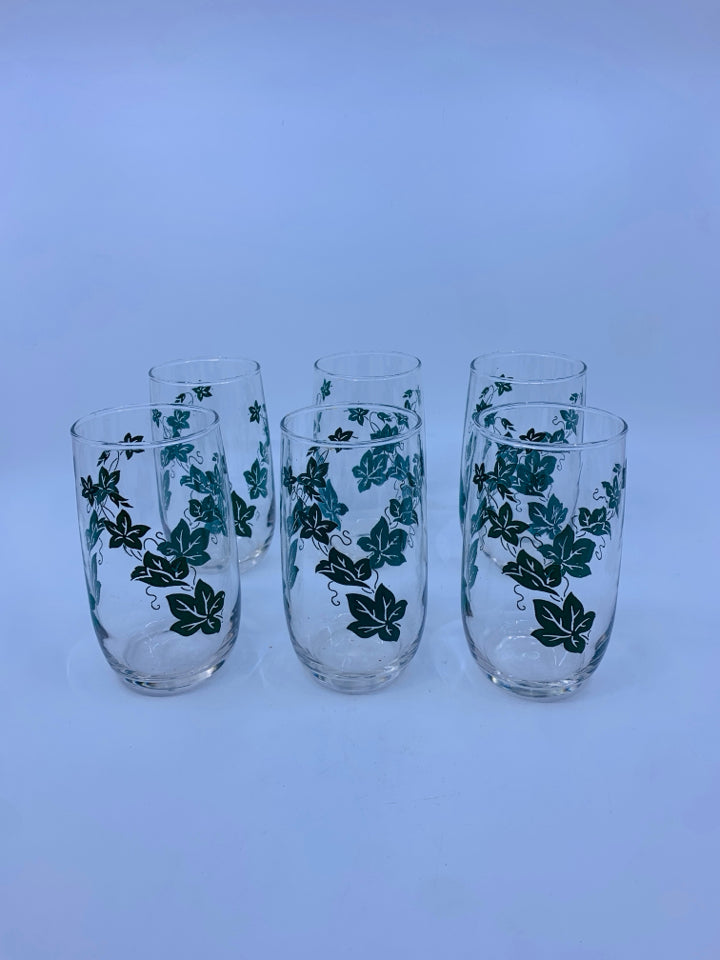 6 VTG GREEN LEAVES WATER GLASSES.