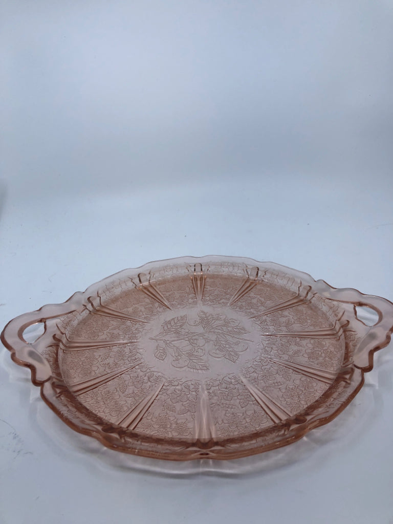 VTG PINK GLASS TRAY W/ ETCHED CHERRIES- DOUBLE HANDLES.