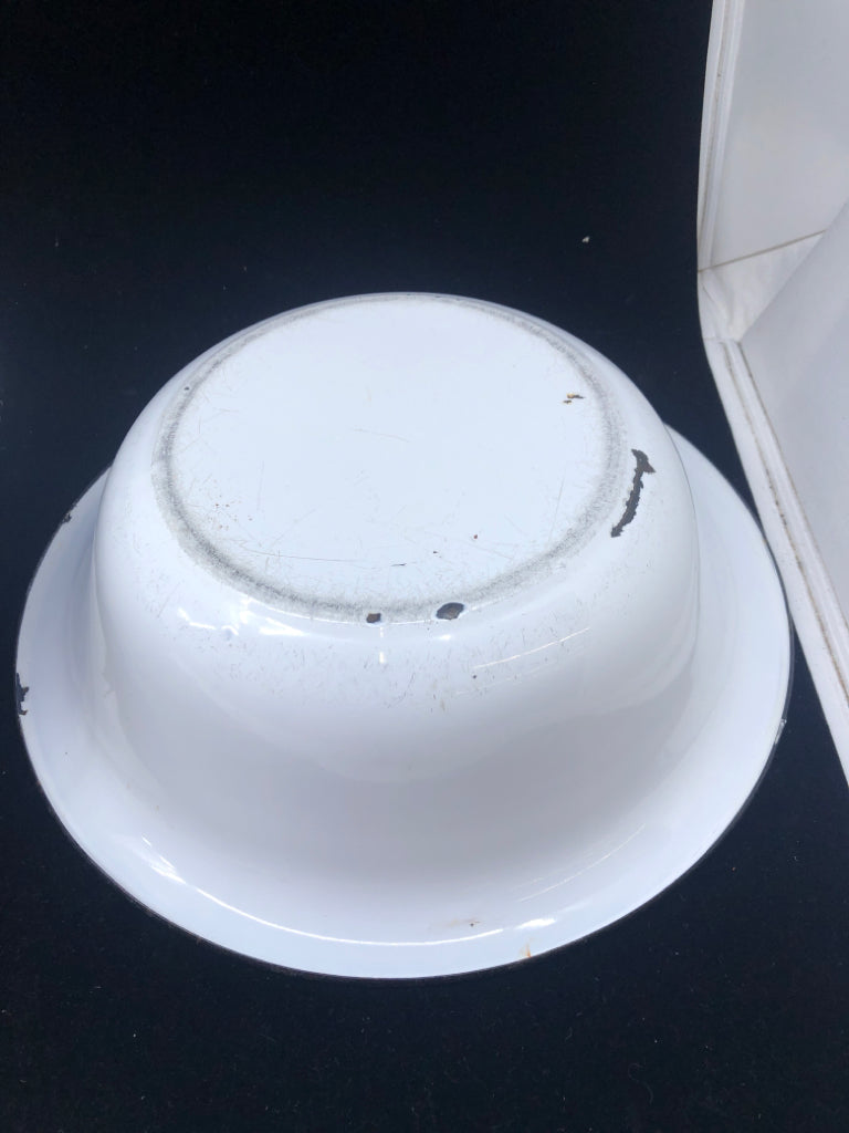 2 WHITE METAL ENAMEL BOWLS.