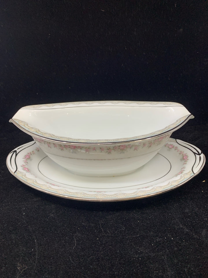 OVAL GRAVY BOAT W/ PINK ROSES RIM NORITAKE CHINA.