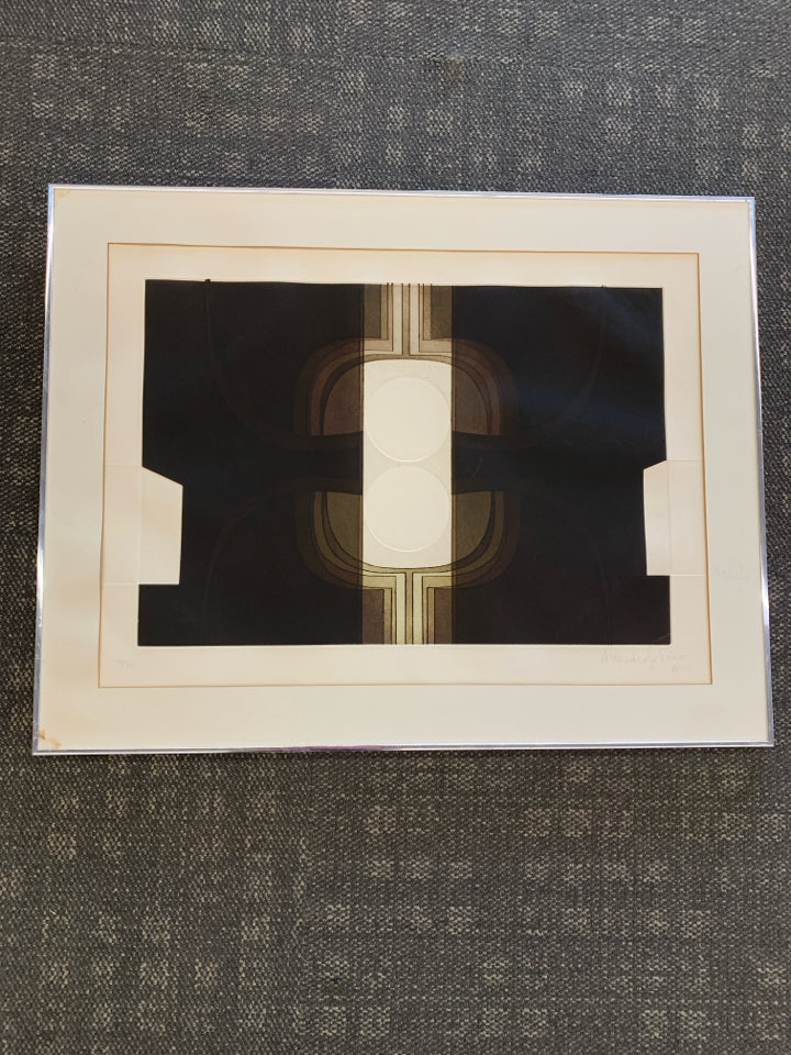 ABSTRACT CIRCLE WALL ART l- SIGNED IN SILVER FRAME.