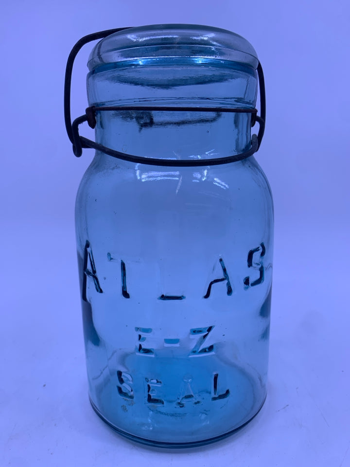 VTG LARGE BLUE ATLAS EMPTY JAR W WIRE BAIL.