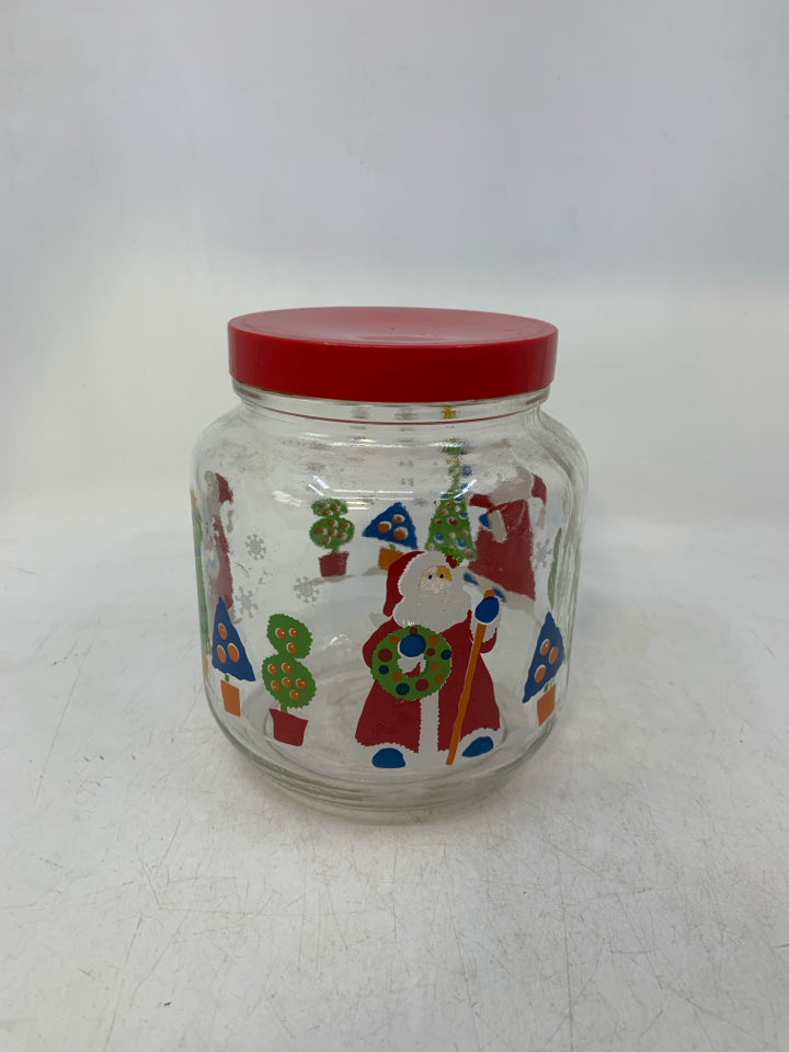 CLEAR GLASS W/ RED LID & PRINTED SANTA/ TREES.