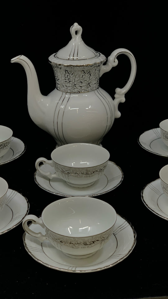 13PC FINE CHINA TEASET WHITE W/SILVER RIM.