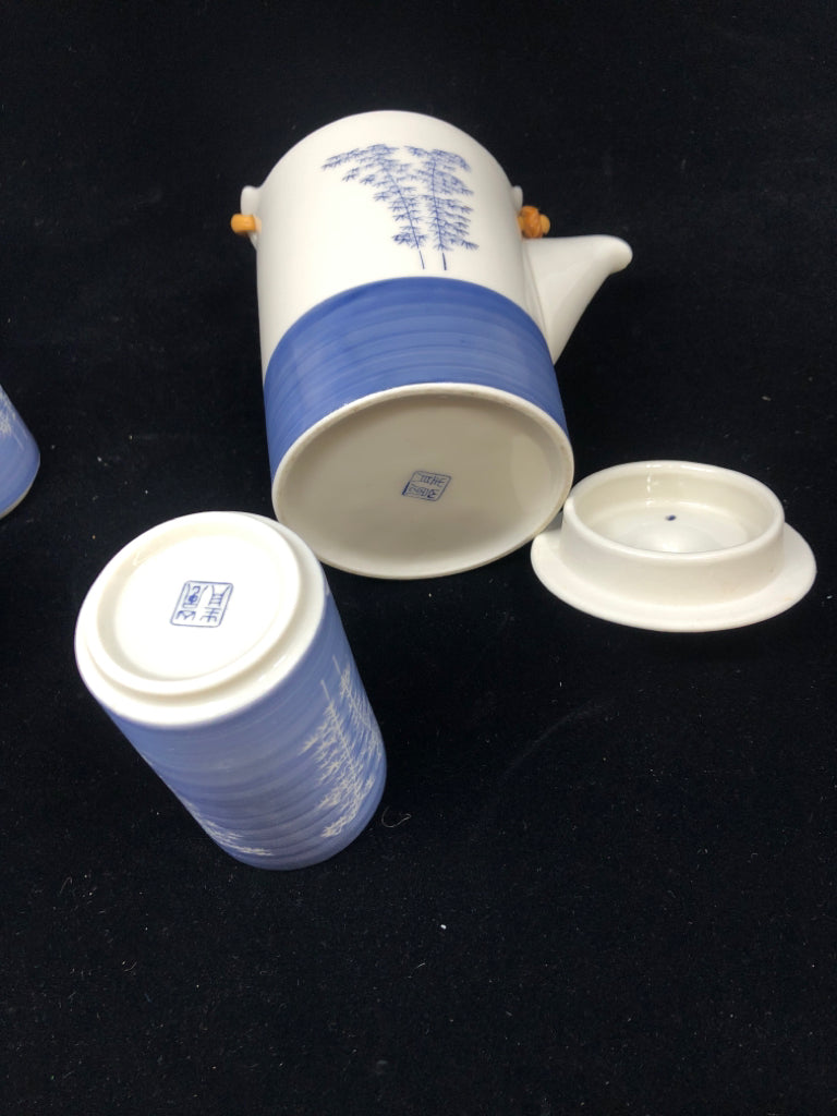 6PC BLUE JAPANESE TEAPOT SET W/PAINTED TREES.