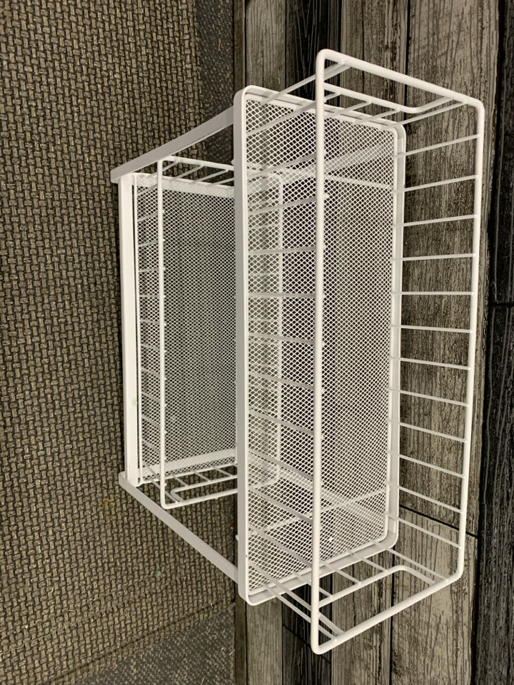2 TIER WHITE METAL NARROW CABINET STORAGE SHELVES.