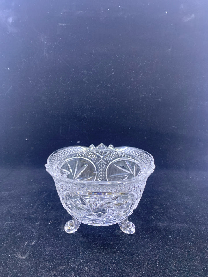 HARD CUT GLASS 3 FOOTED CANDY BOWL.