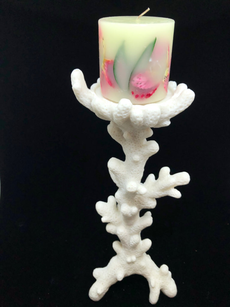RESIN CORAL CANDLESTICK HOLDER W/FLOWER CANDLE.
