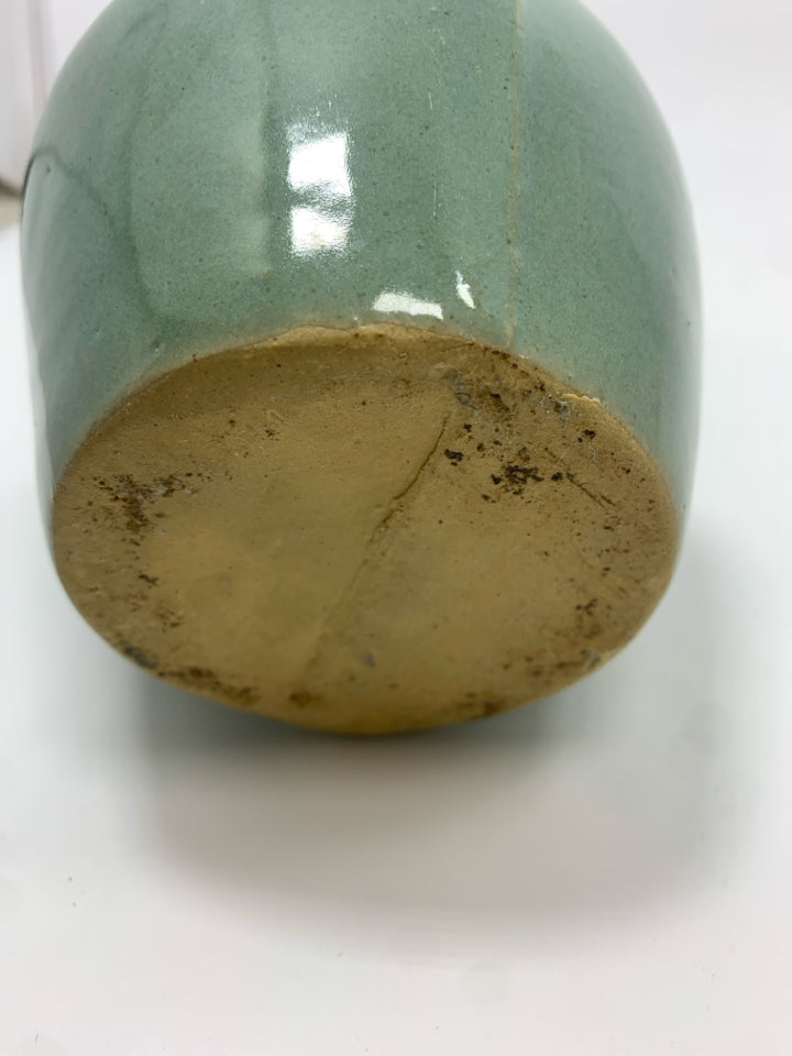 GREEN GLAZED POTTERY PITCHER W/STOPPER.