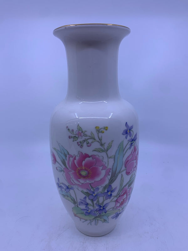 WHITE GOLD TRIM WITH PINK/PURPLE FLOWERS VASE.