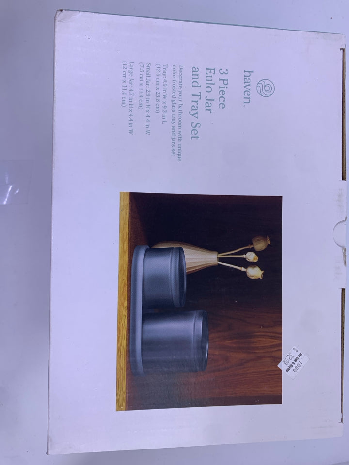 NIB 3PC BLACK FROSTED EULO JAR & TRAY SET.