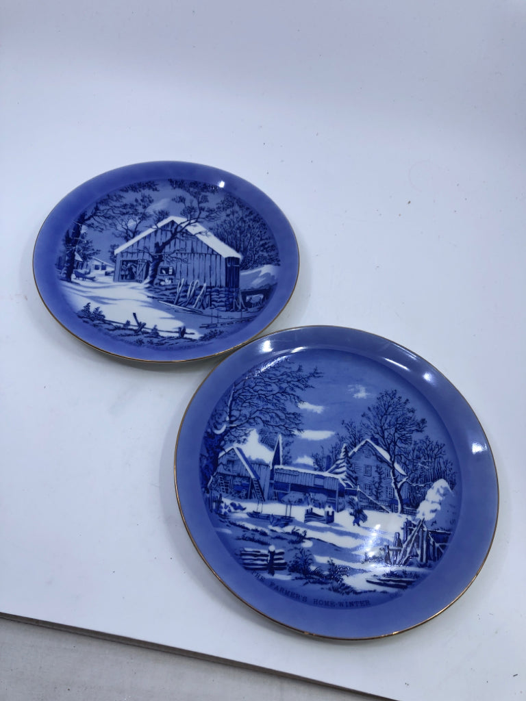 2 BLUE WINTER SCENE DECOR PLATES.