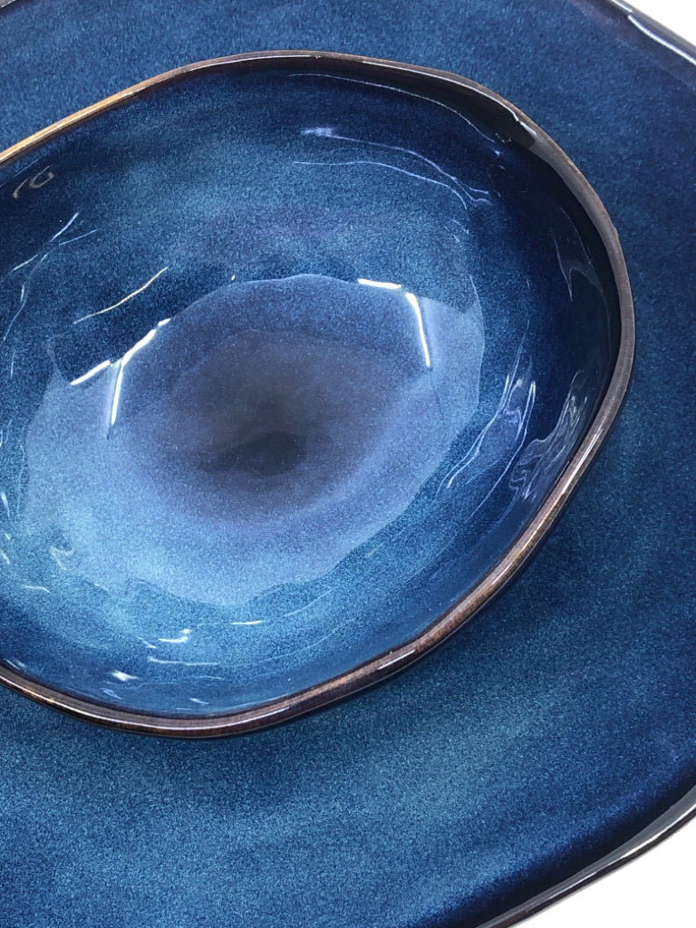 2PC DARK BLUE GLAZED CERAMIC PLATE AND DIP BOWL.