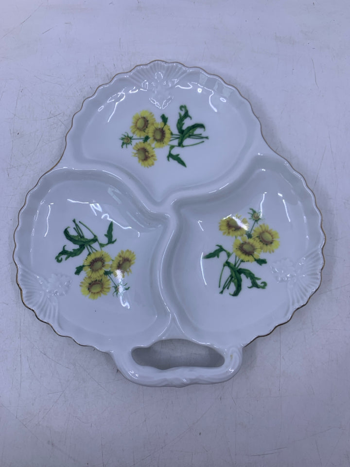 WHITE DIVIDED PLATTER W/ SUNFLOWERS.