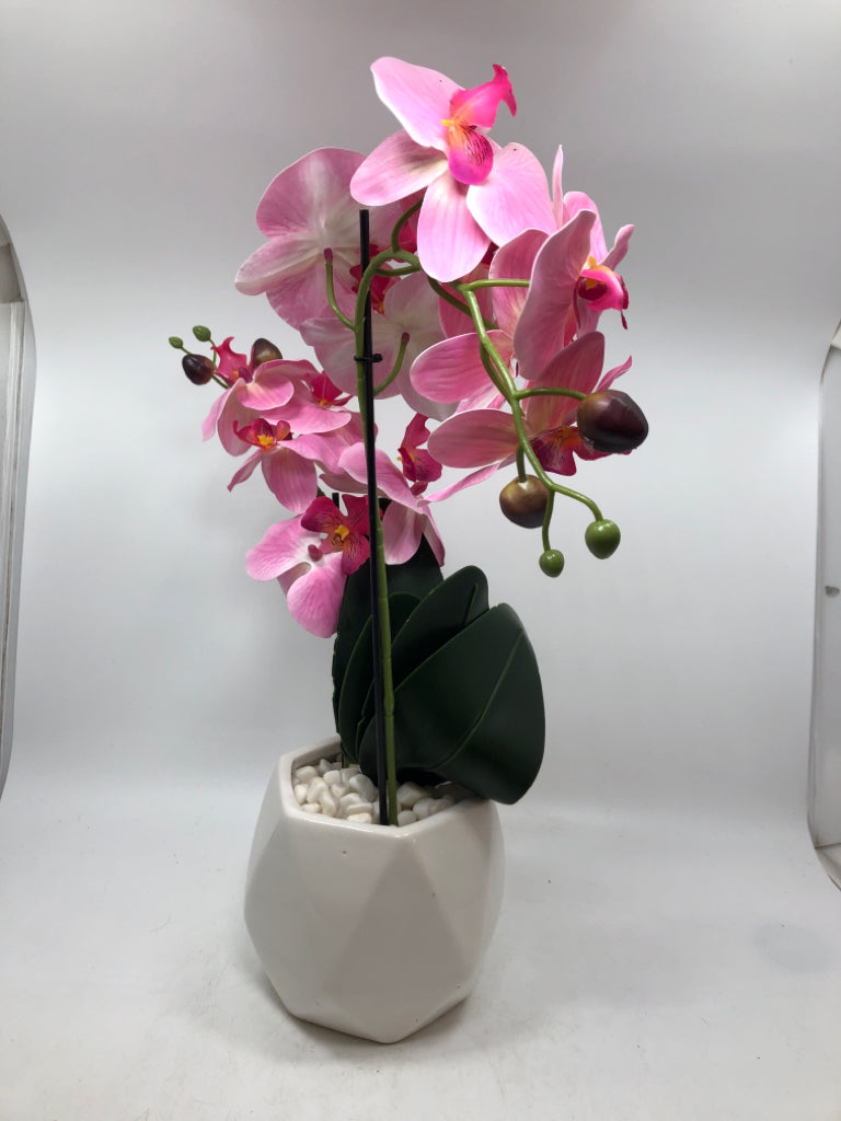 FAUX PINK ORCHIDS IN PLANTER.