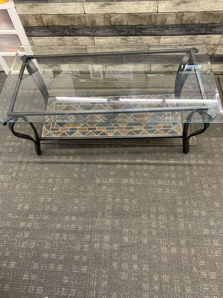 METAL 2 TIER TABLE TILE BOTTOM/GLASS TOP COFFEE TABLE.