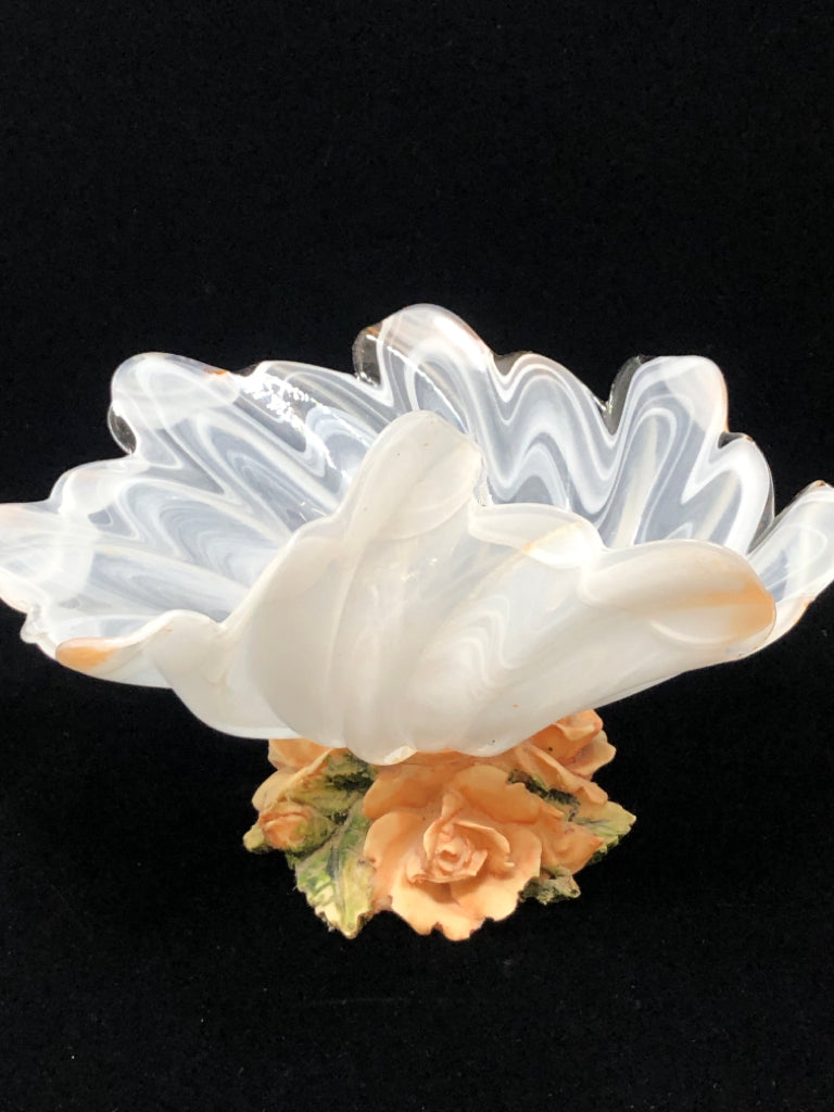 RUFFLED OPALESCENT BOWL W/RESIN ROSE BASE.