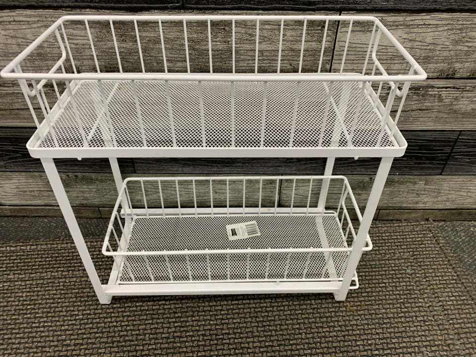 2 TIER WHITE METAL NARROW CABINET STORAGE SHELVES.