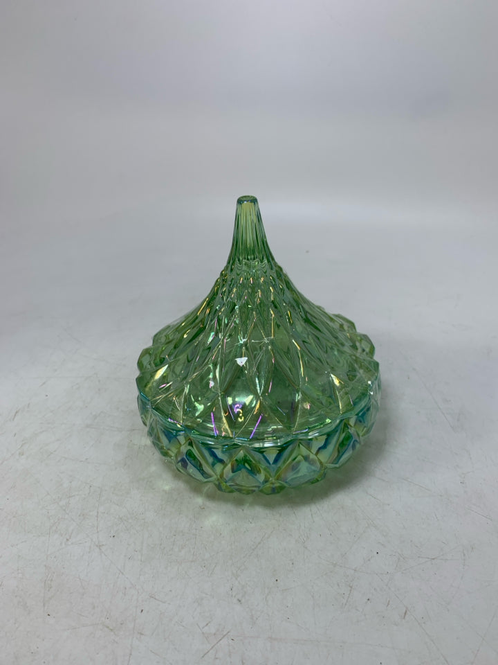 GREEN GLASS HERSHEY KISS SHAPED CANISTER.