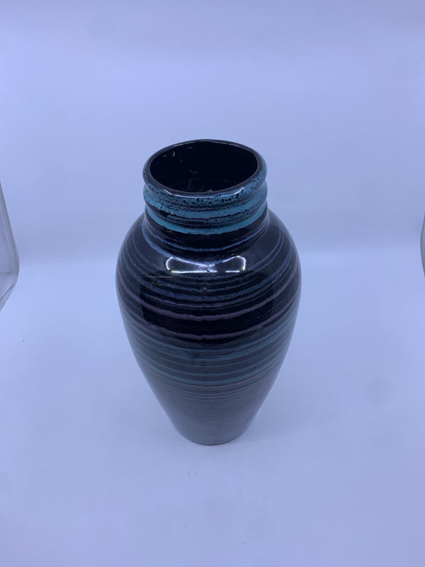 BLACK W BLUE/ PINK STRIPES VASE.